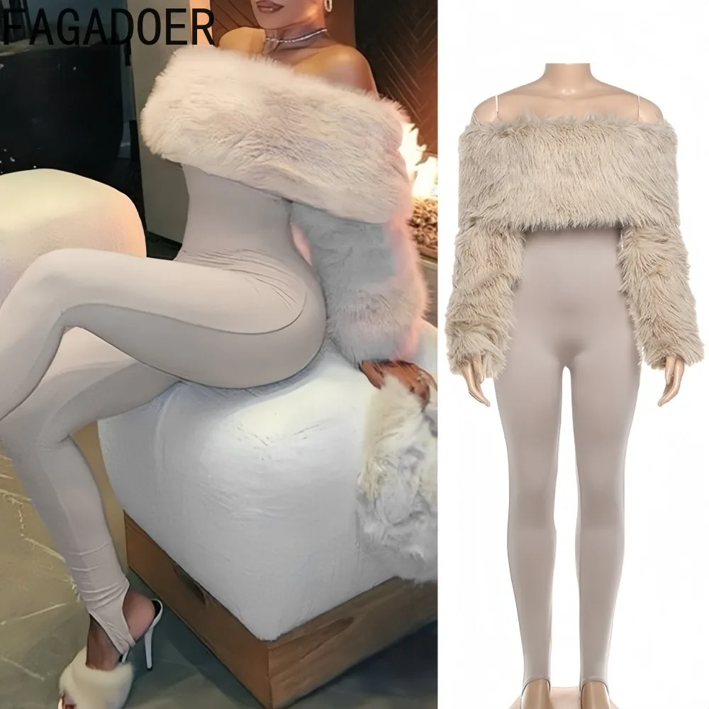 

FAGADOER Sexy Fur Patchwork Bodycon Jumpsuits for Woman Off Showlder Long Sleeves Rompers Female Streetwear Overalls Winter New