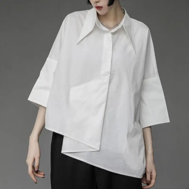 2024 Summer Lazy Wind Loose Short Sleeved Black Shirt Women Solid Color Lapel Collar Irregular 3/4 Sleeve Casual Affordable Tops