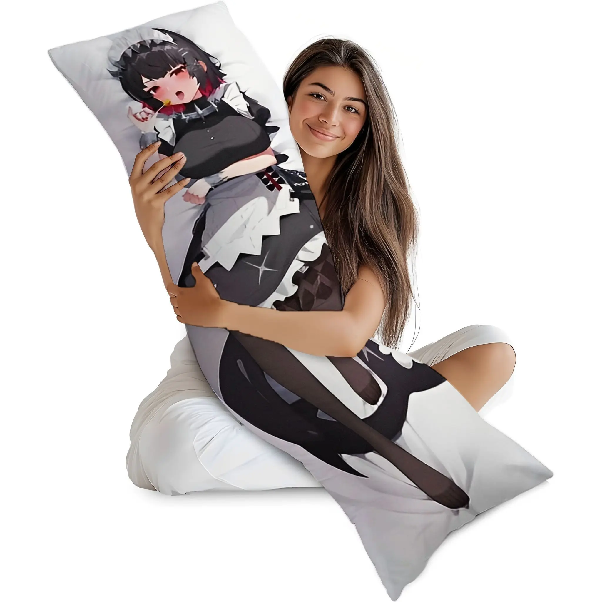 Black-haired Red-eyed Maid Outfit Anime Full-Body Pillowcase, Pillow Insert Not Included, Short Black Skirt with White Apron and