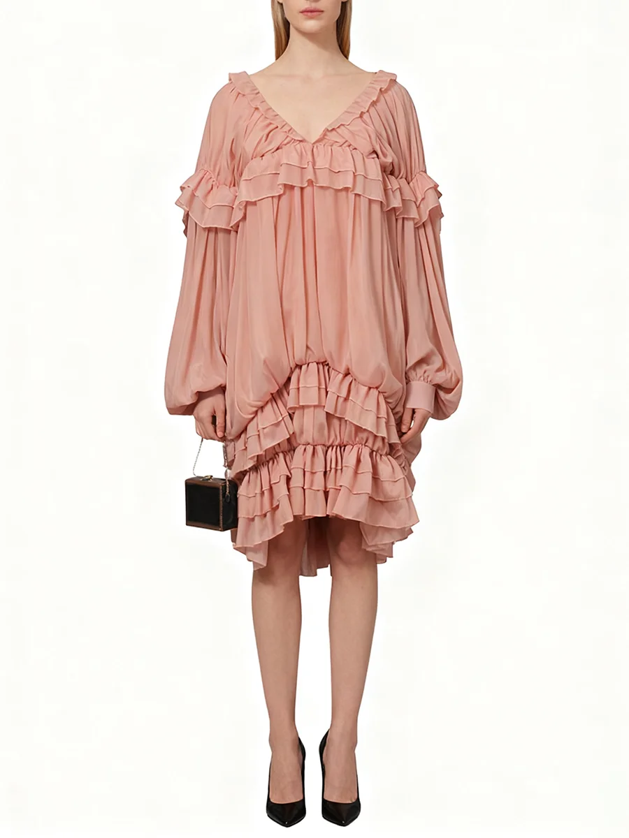 ชุดเดรสทรงหลวมแบบเรียบหรูสำหรับผู้หญิง คอวี แขนยาวทรงโคมไฟ ดีไซน์ทันสมัยสำหรับฤดูร้อน เหมาะสำหรับงานปาร์ตี้ ชุดเดรสจับจีบ สไตล์แฟชั่นสำหรับผู้หญิง