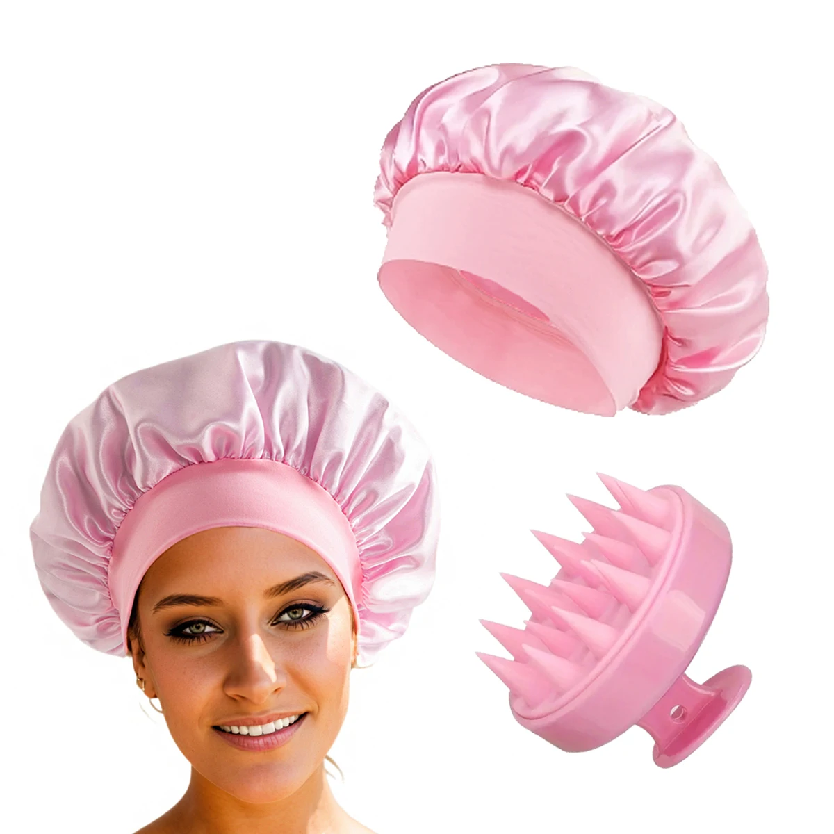

2pcs beauty and hair care set, satin nightcap, shower cap beauty cap, scalp massage shampoo brush, special for real hair wigs