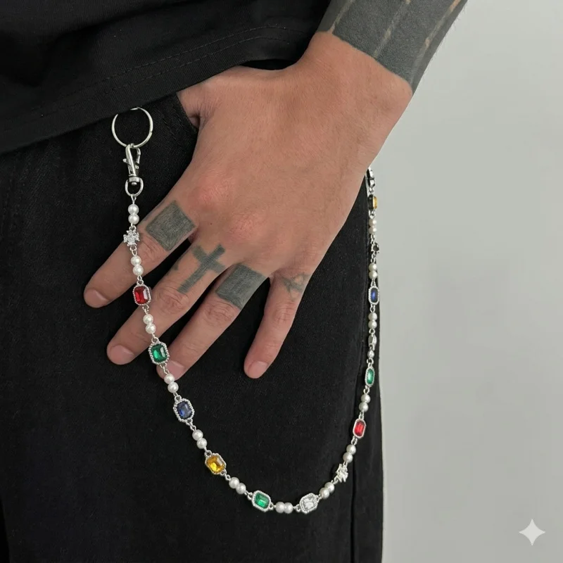 Men’s Colorful Gemstone Pearl Wallet Chain Pants Chain Baroque Rock Punk Jean Chain Jewelry Him