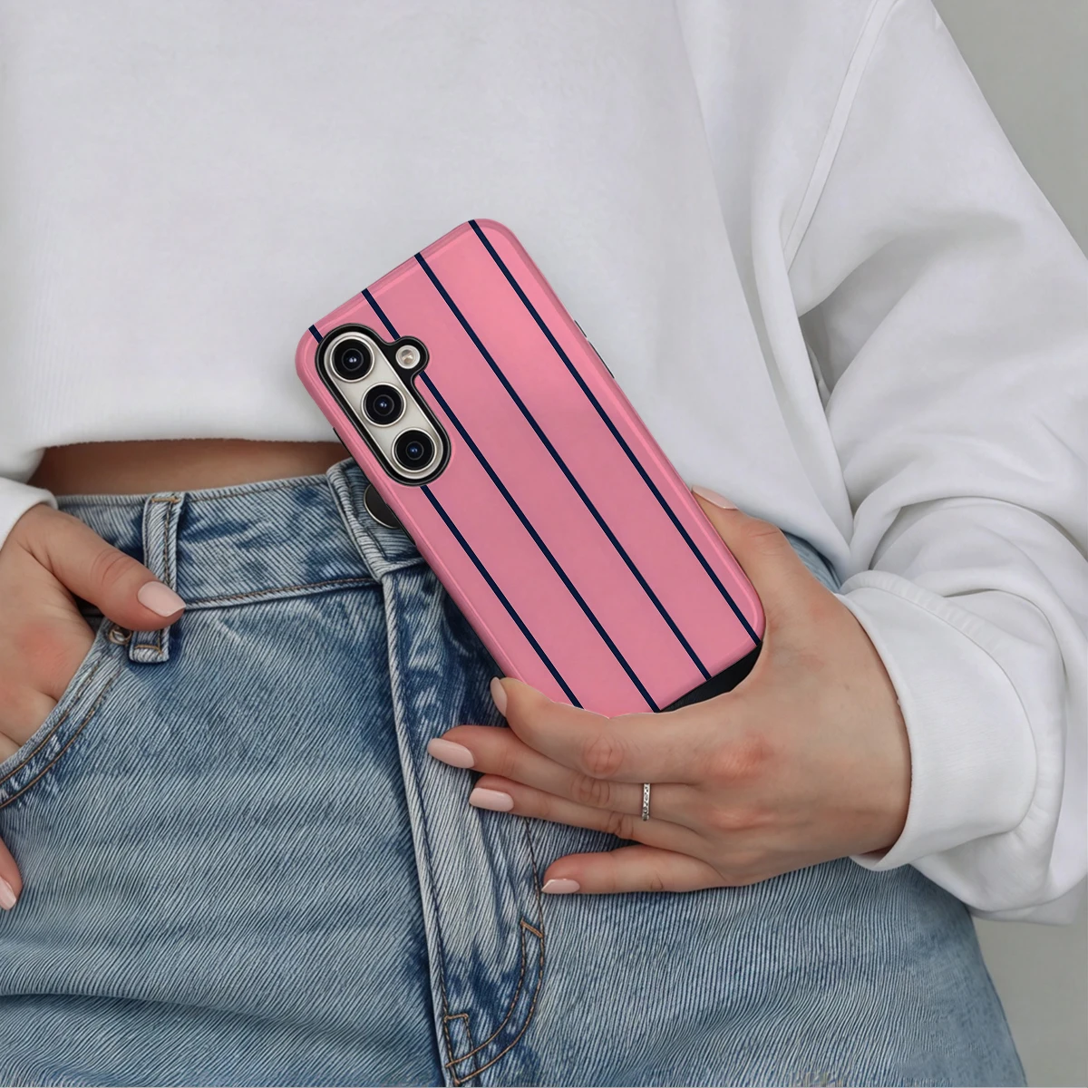 Pink Navy Thin Lines Phone Case For Samsung Galaxy S26 S25 Ultra S24 S23 Plus Hard Shock‑Absorption 2-in-1Protective Cover