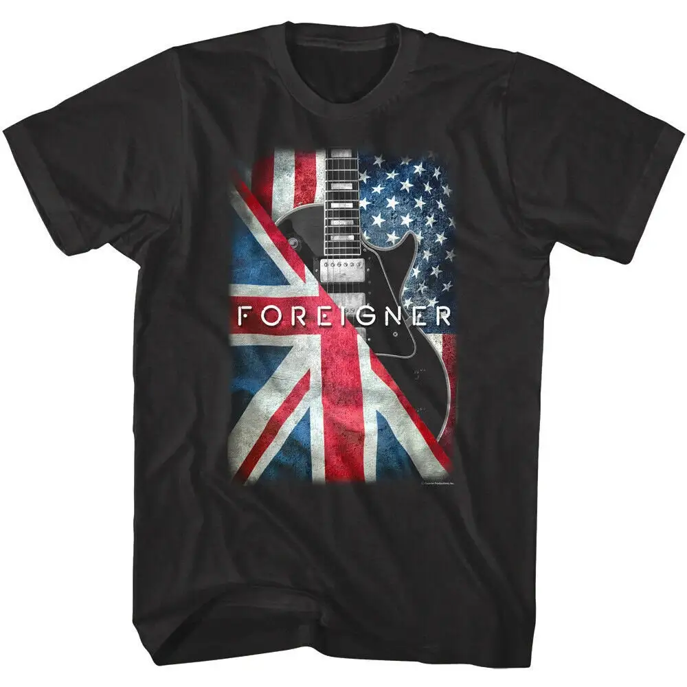 Foreigner Men's T Shirt British American Flags Guitar Rock Band Concert USA UK Stars Stripes Union Jack