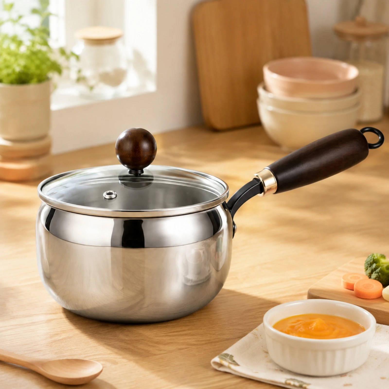 Stainless Steel Saucepan with Wooden Handle Stovetop Safe Stainless Steel Saucepan Milk Pan Compact Milk Warming Pot Lightweight