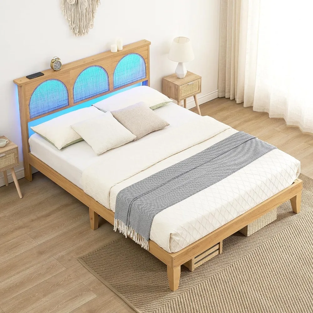 Queen Bed Frame with Rattan Headboard,  Platform Bed Frame with LED Lights, Solid Wood Foundation with Wood Slat Support