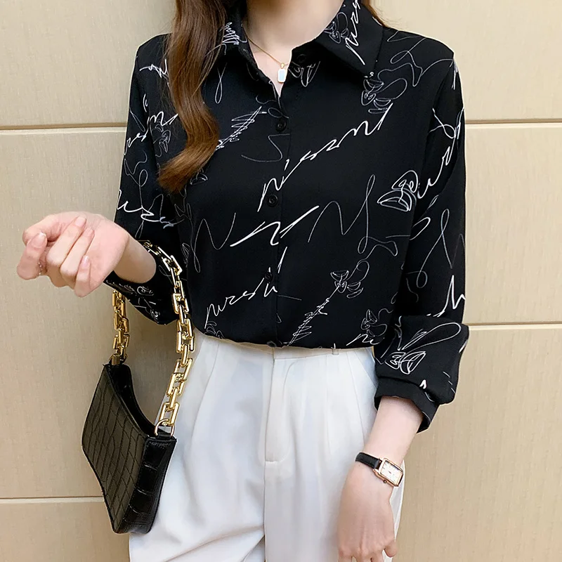 Women Spring Korean Fashion Loose Graffiti Printing Polo-Neck Long Sleeve Shirts Women Clothes Casual All-match Office Lady Tops