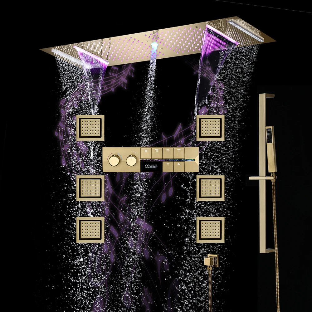 

Qlonn 35×12 Inch Luxury Gold Shower System Thermostatic Mixer Faucet Set Massage Jets LED Music Shower Panel Couple Bathroom Spa