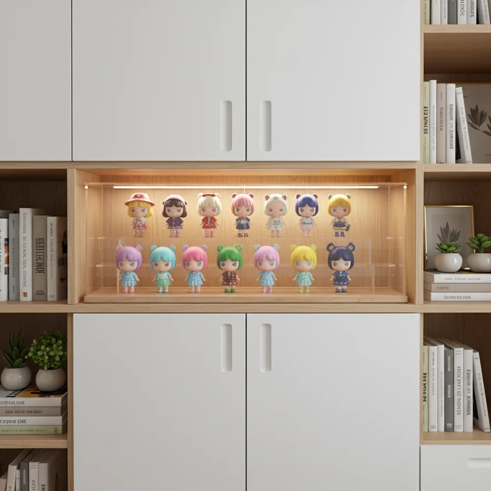 60cm Long Clear Acrylic Blind Box Display Case Solid Wood Base 2 & 3 Adjustable Tiers Dustproof Figurine Action Figure Organizer Showcase Cabinet Magnetic Front Door for Pop Mart Collectibles Desktop