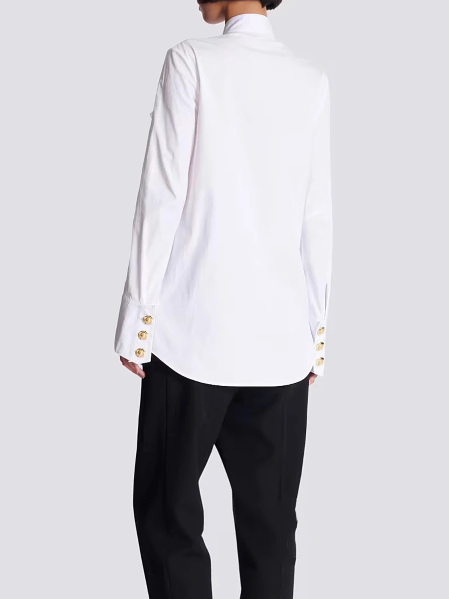 TWOTWINSTYLE Solide Gespleißt Pilz Falten Mode Shirts für Frauen Rundhals Lange Ärmel Patchwork Einreiher Hemd Weibliche