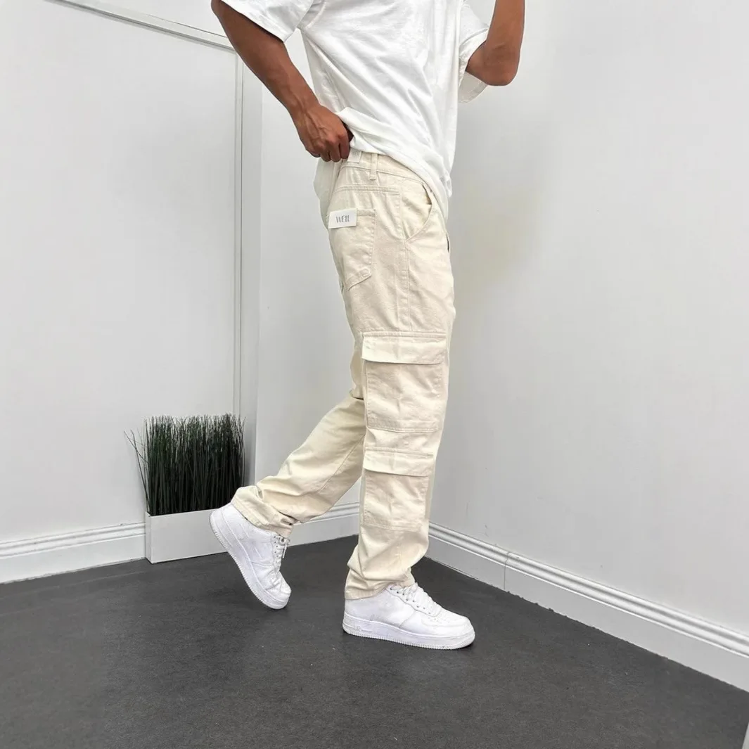 American Denim Beige Casual Straight Loose Tooling Pocket Men's Jeans