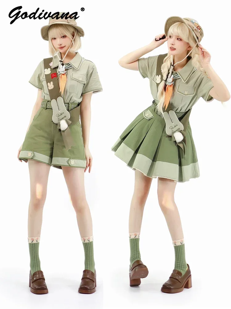 

2024 New Summer Cute Short Sleeve Shirt High Waist Skirt and Shorts Lolita Girl Women's Skirt Set Fashion Outfits