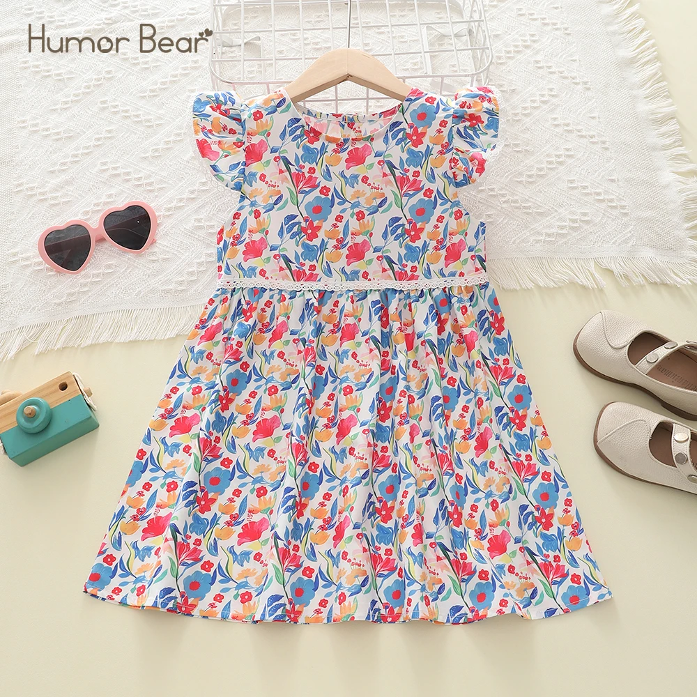 Humor Bear Children's Clothing Flying Sleeve Crew-neck Lace Flower Printing Dress Girls Princess Dress