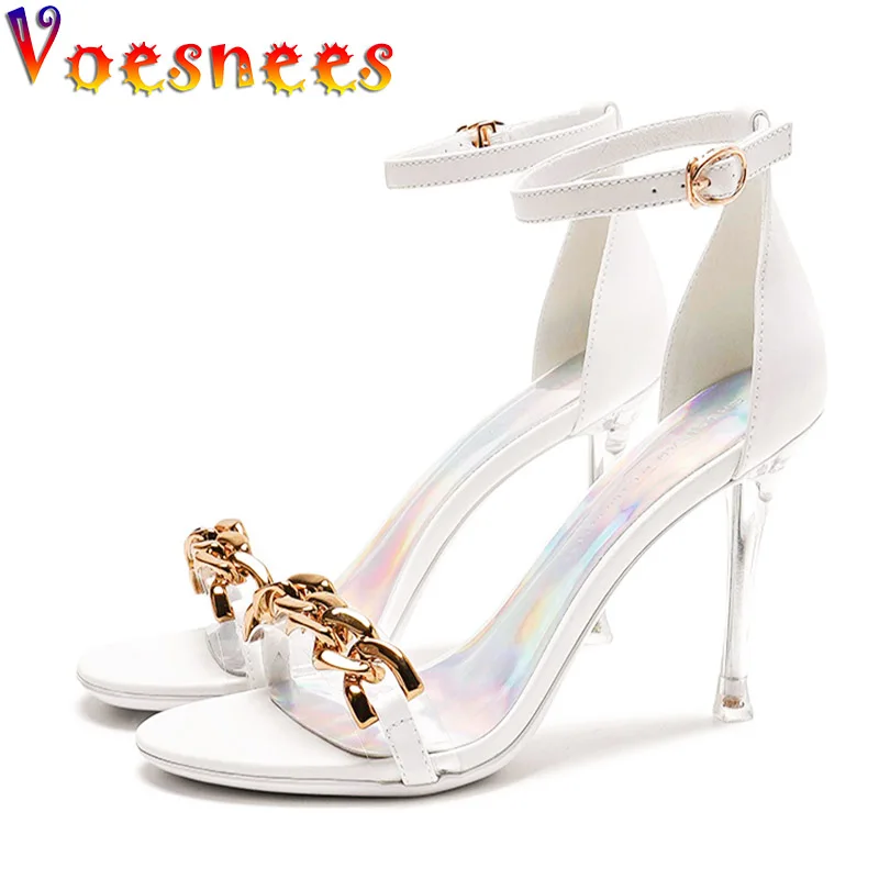 Women Sexy Chain Design Fashion Sandals Transparent Ladies Foot Ring Buckle Pumps Summer Crystal High Heel Wedding Party Shoes