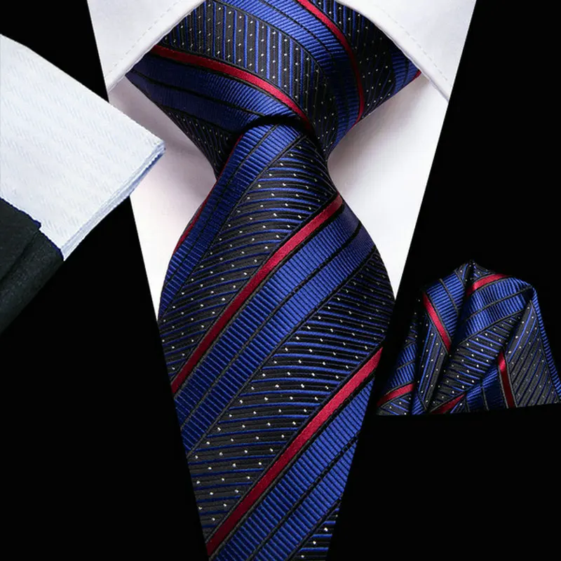 VerveRow Men Striped Tie and Pocket Square Set, Navy Red Diagonal Jacquard Necktie Handkerchief Formal Business Suit