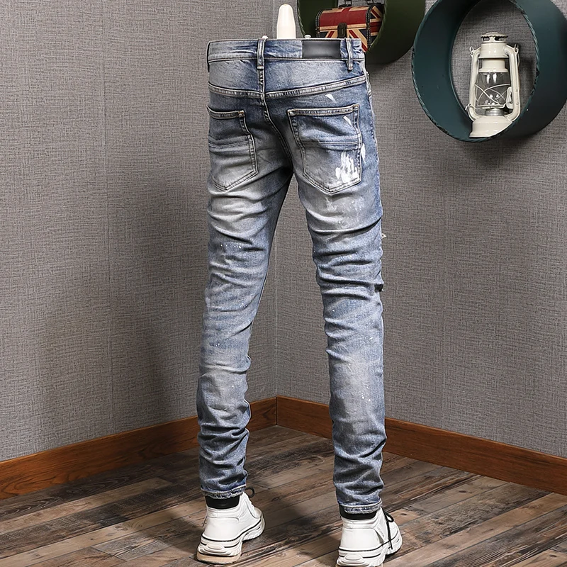 High Street Fashion Men Jeans Retro Washed Blue Stretch Skinny Fit Ripped Jeans Men Painted Patched Designer Hip Hop Brand Pants