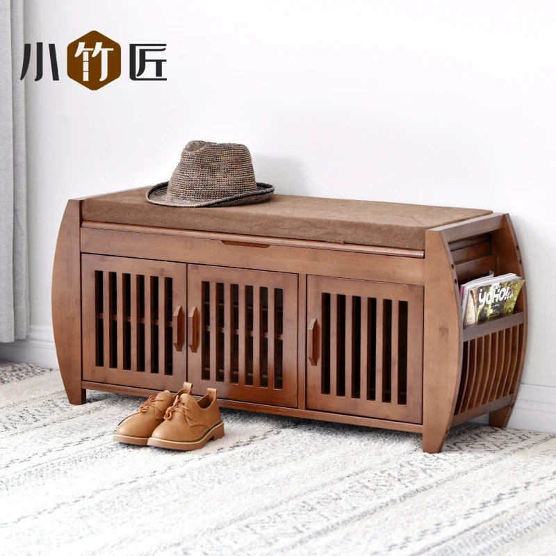 Modern Bamboo Shoe Rack Cabinet Entryway Organizer Storage Household Shelf with Seat Cushion Bamboo Furniture Hallway Shoe Stand