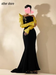 Andere Ufer elegante Vintage schwarze Meerjungfrau Perlen Gold eine Schulter anpassen formale Gelegenheit Ballkleid Abend Party Kleider