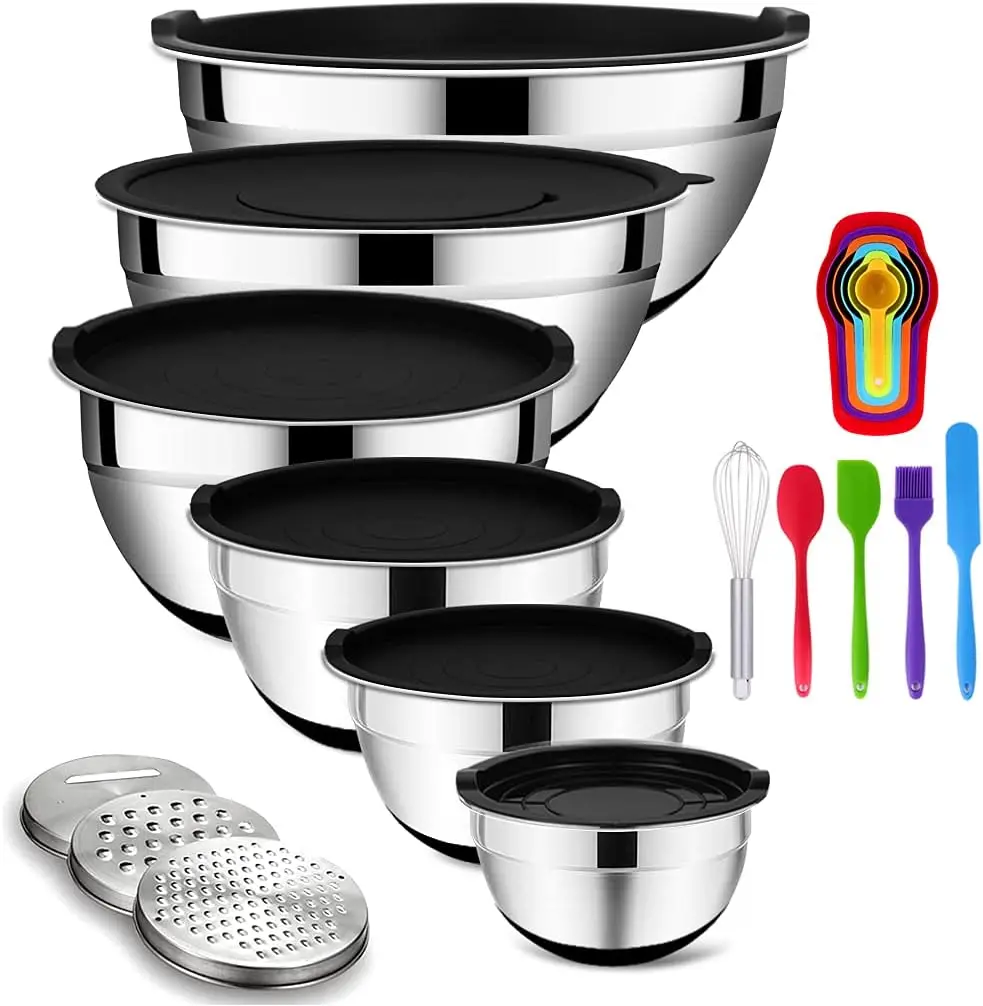 

20-Piece Stainless Steel Mixing Bowls Set with Lids, 6 Sizes & Graters for Baking, Non-Slip Bottom