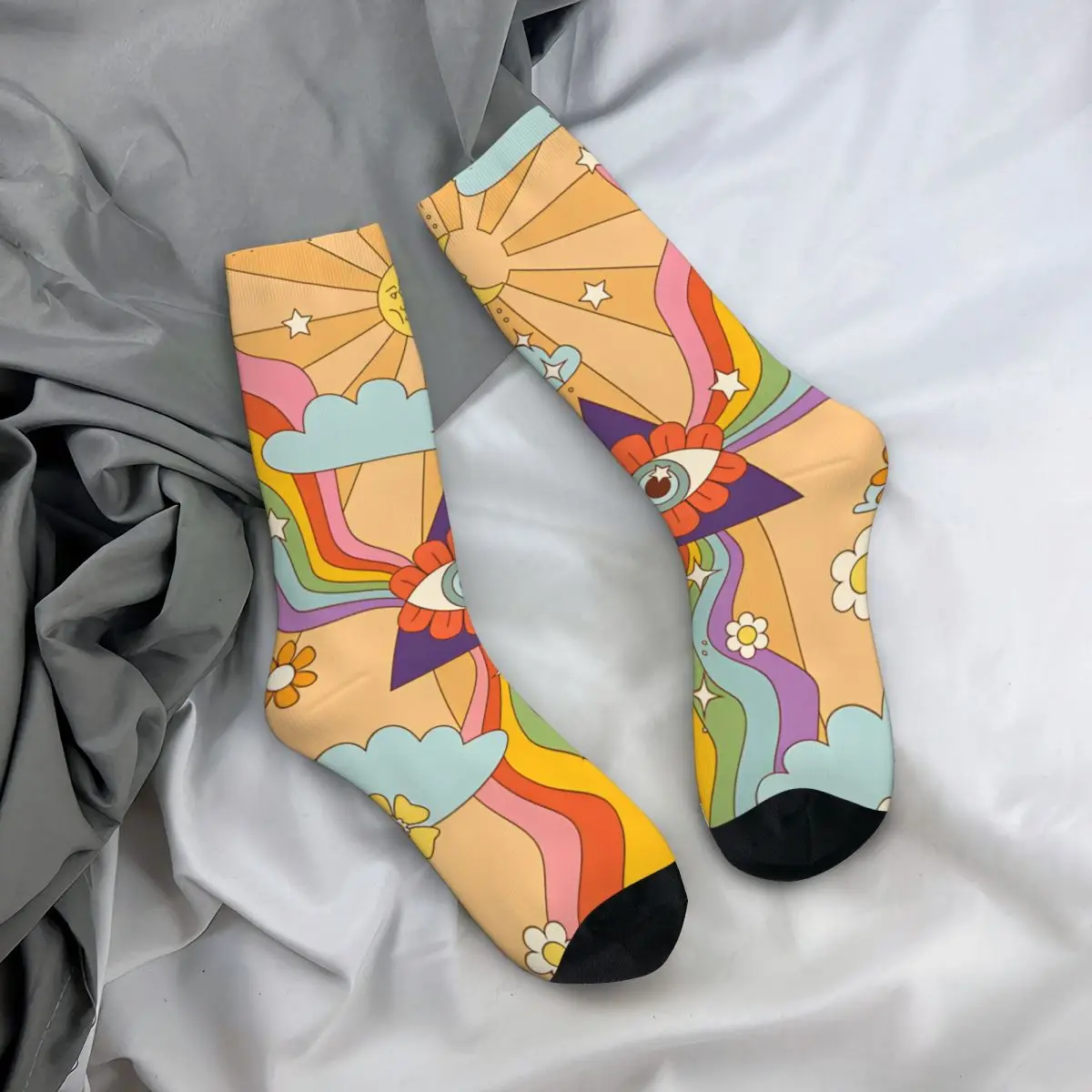 Kaus kaki kompresi pria, Retro Hippie Boho motif pelangi uniseks pola Harajuku bermotif baru