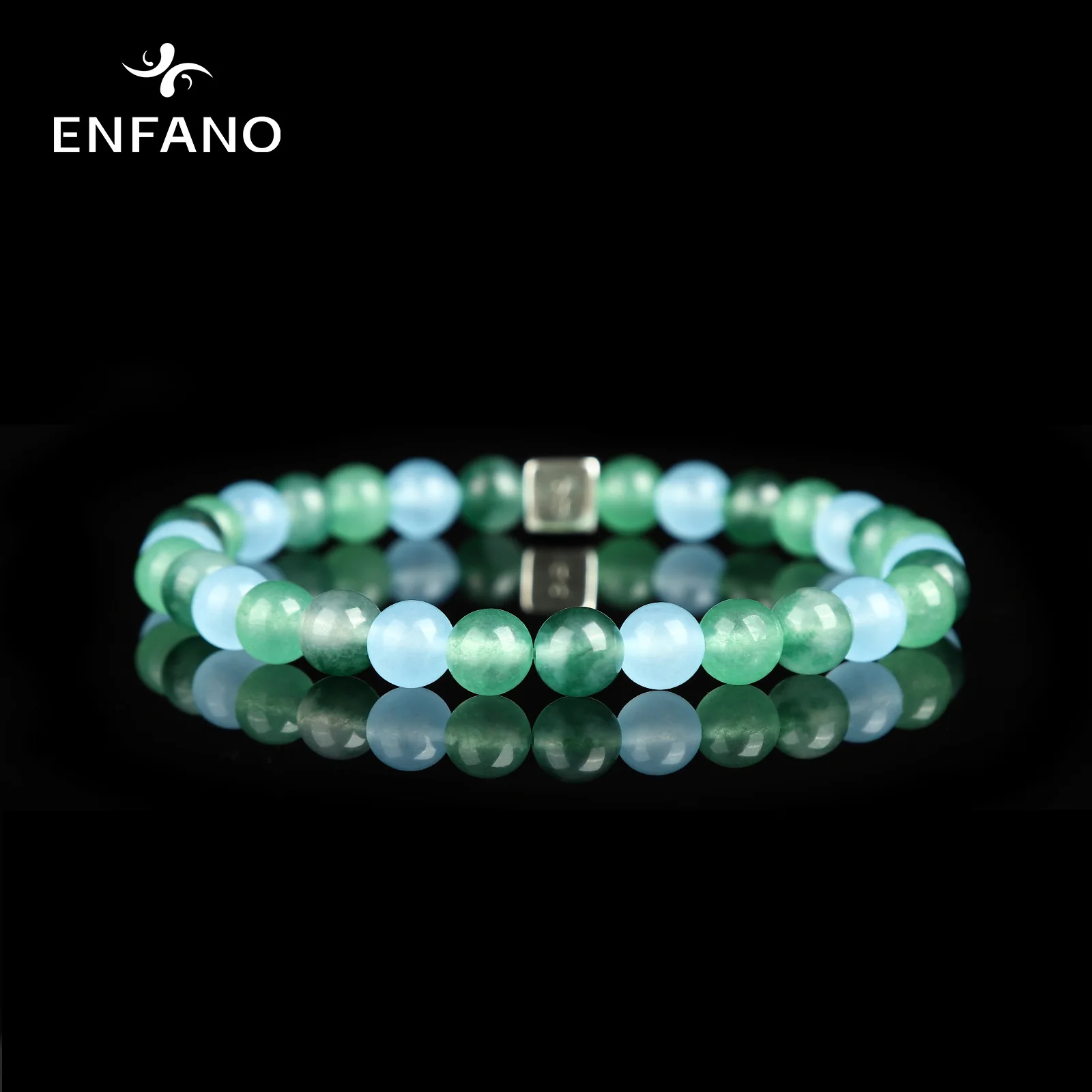 

ENFANO Aquamarine Bracelet 8mm Round Bead Bracelet Fashion Couple Gift Size Name Text Personalized Customized Elastic Rope