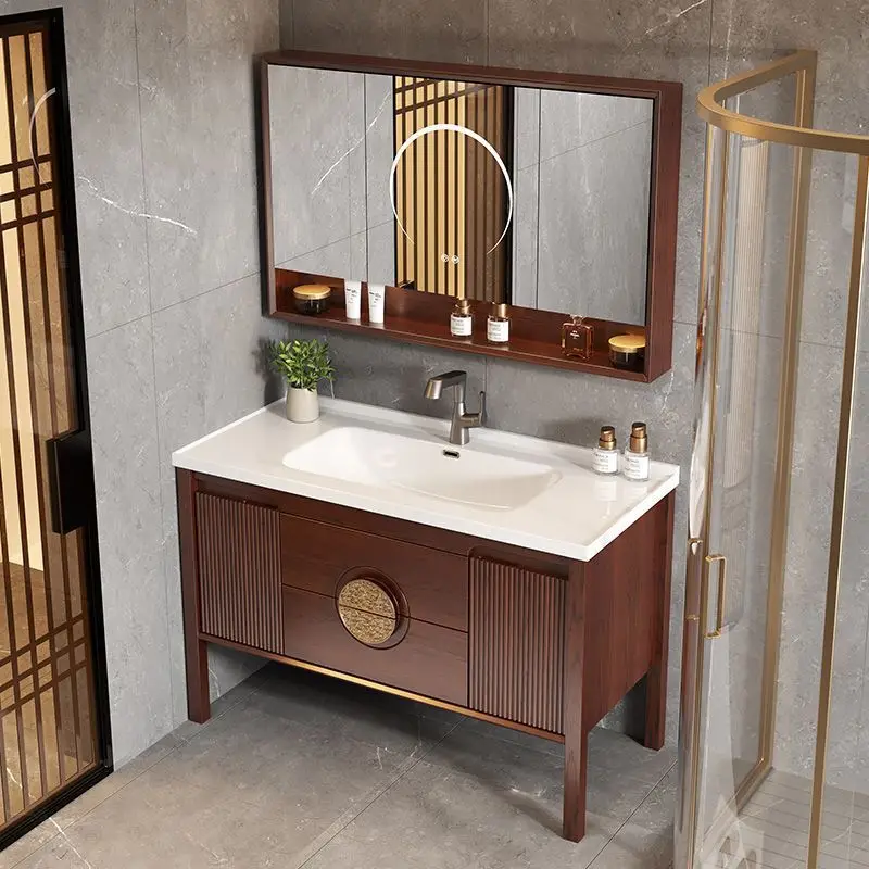 Ceramic integrated basin bathroom cabinet combination ebony floor-to-ceiling double basin heart hand washing washbasin cabinet
