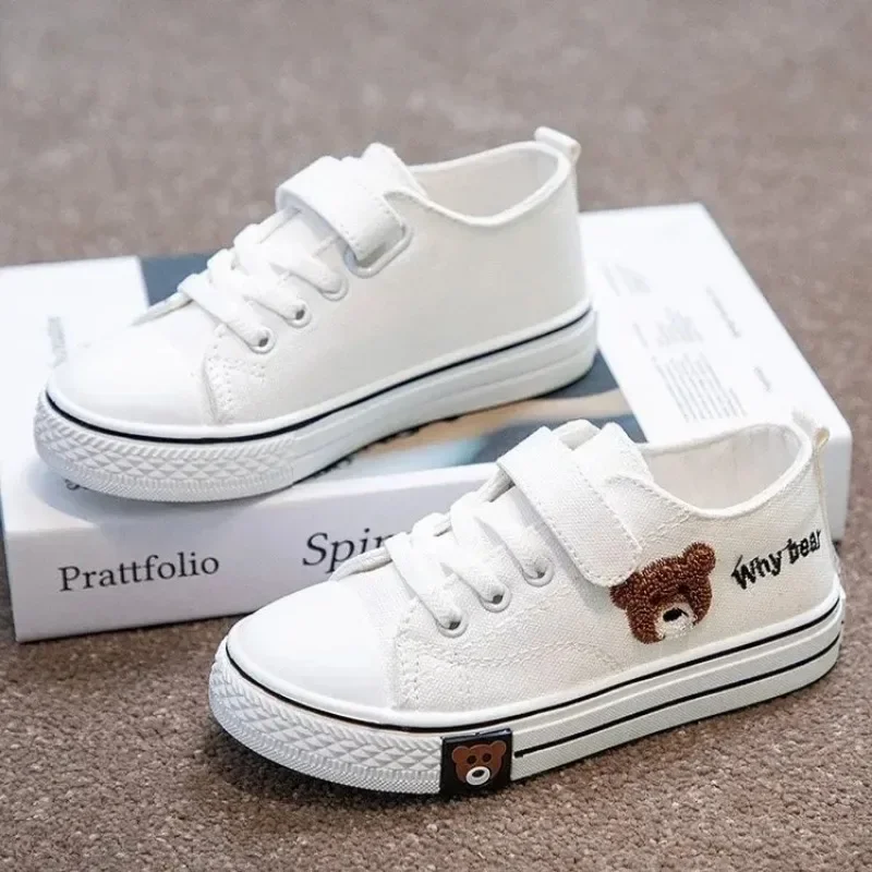 

Girls Bear Canvas Fashion Kids Casual Soft Soled Shoes Students White Shoes Boys Cartoon Bear Velcro Low Top Shoes Solid Color