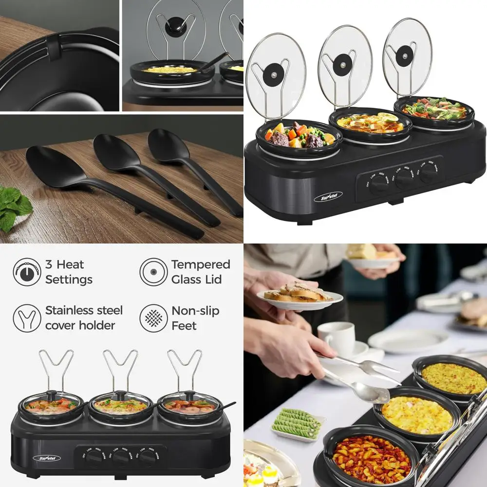 

Ручная мини-медленная плита на 3 кастрюли с регулируемой температурой, подставками для крышек из нержавеющей стали, съемными керамическими кастрюлями, каждая 1,5 литра, B