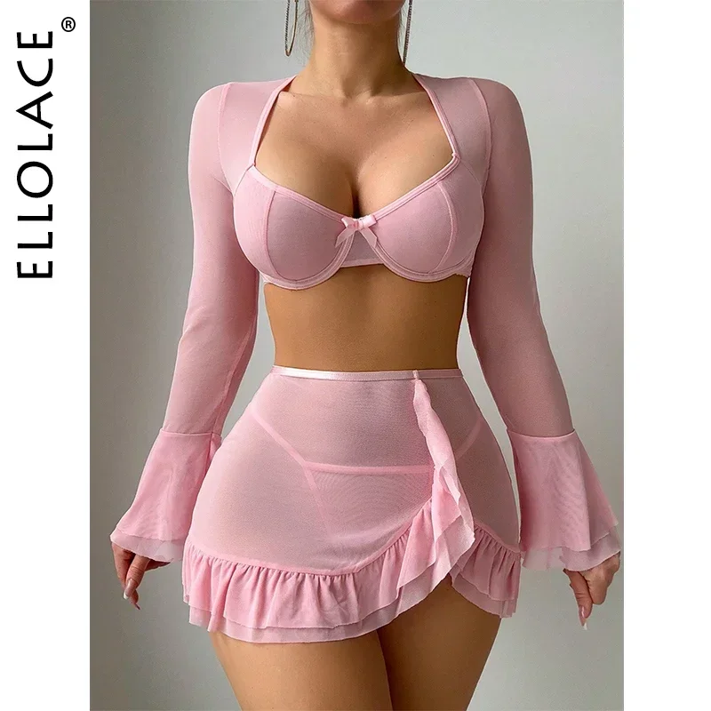 

Ellolace Flare Sleeve Mesh Lingerie Outfits 3-Piece Ruffled Skirt Long Sleeve Exotic Sets Hot Sexy Clothes New In Matching Sets