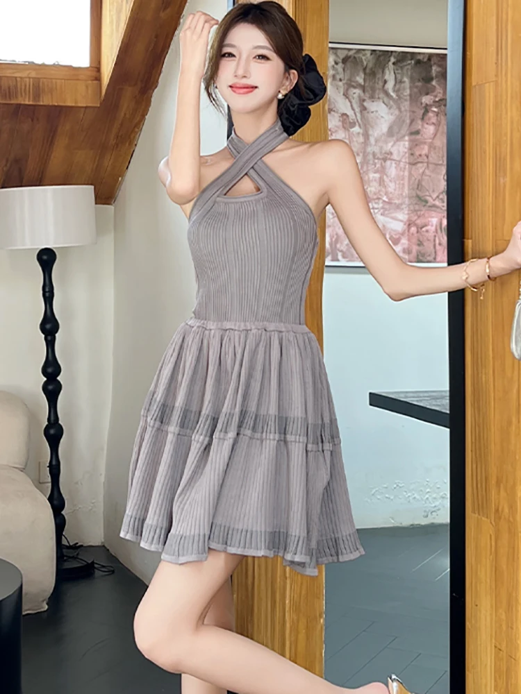 Summer White Knitted Patchwork Ruffled Mini Dress Women Elegant Neck-mounted Sexy Dress 2025 Korean Fashion Bodycon Chic Dresses