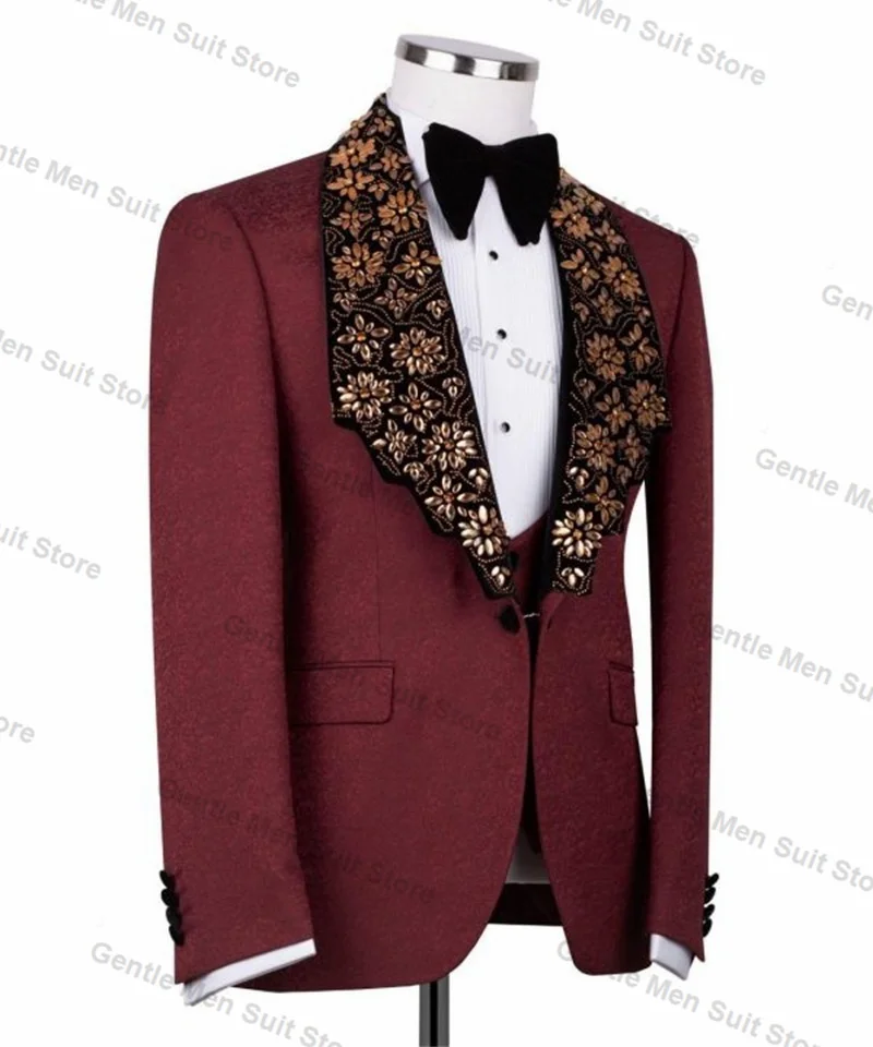 Luxury Crystals Burgundy Men Suits 2 Piece Blazer+Black Trousers Wedding Tuxedo Male Prom Coat Customized Formal Office Jacket