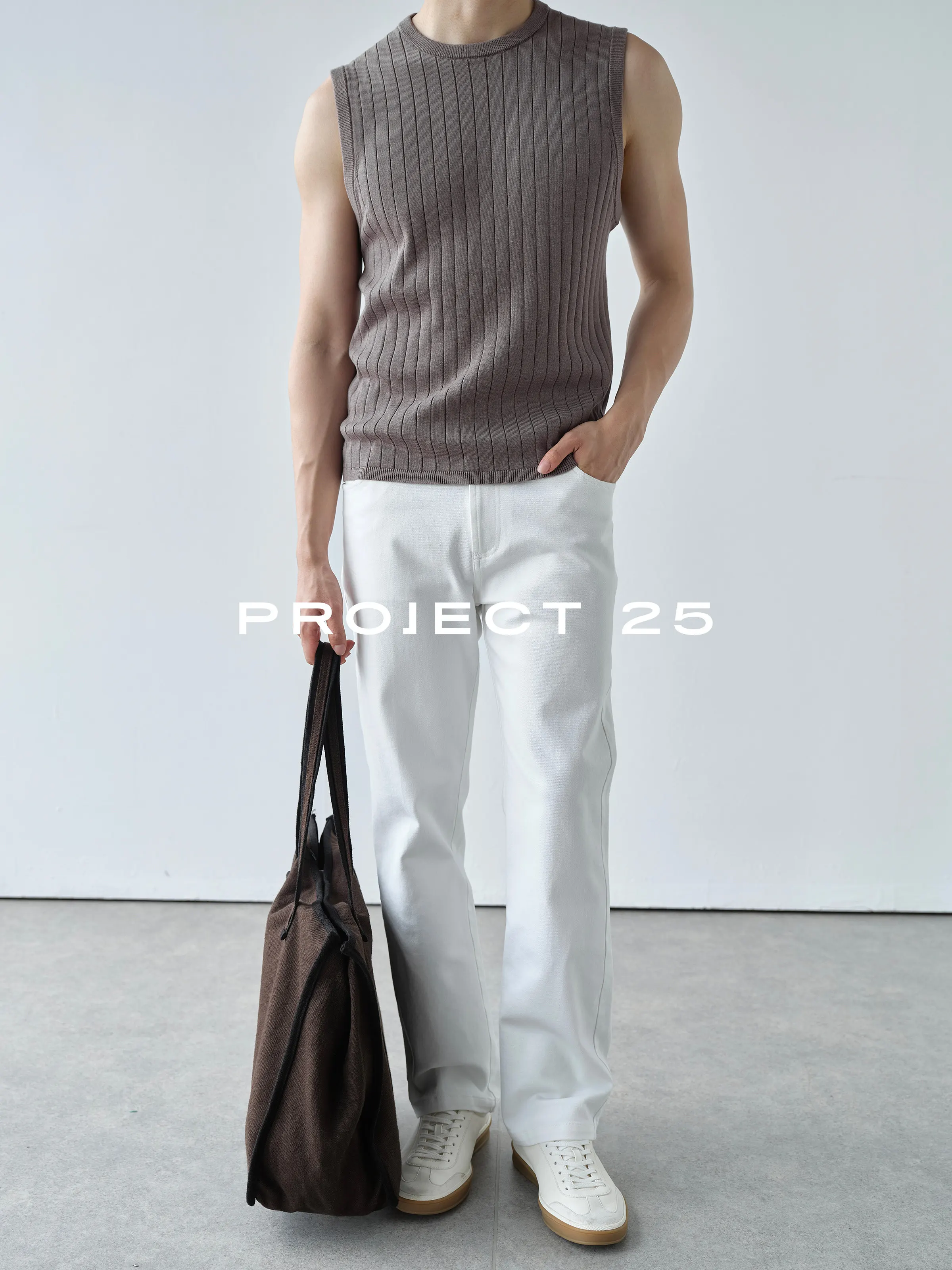 PROJECT 25Men Summer Double Yarn Cotton Vertical Rib Knit Vest Minimalist Sleeveless Tank Top Casual Knitted Waistcoat Outerwear