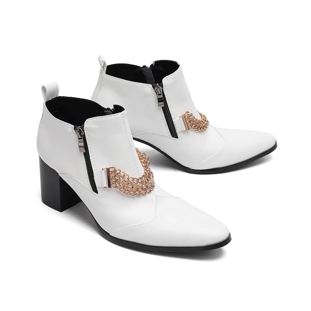 

White Chains Genuine Leather Men High Heel Boots Large Size Club Party Drag Queen Dress Shoes Pointed Toe Zipper Ankle Boots
