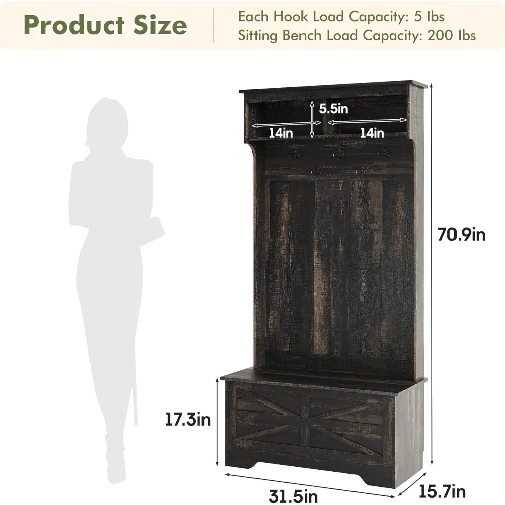 مقعد تخزين مع رف معطف وخزانة، منظم مدخل 71 بوصة، غرفة الطين 4 في 1 ومقعد وحل تخزين