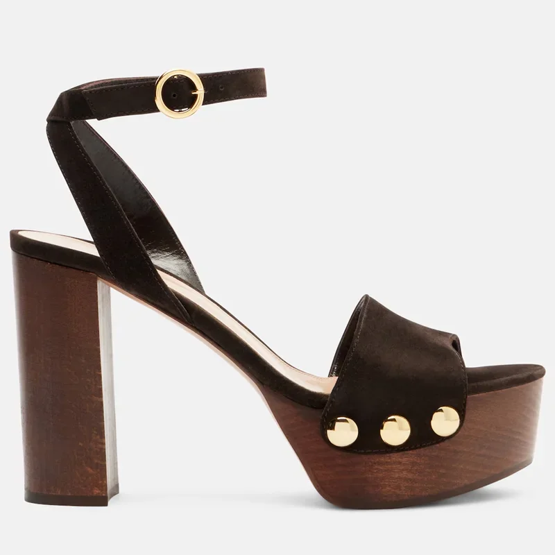 Gold Metal Rivet Plaftorm Suede Sandals Sexy Round Toe Squar Heel Shingback Customized New Arrivals Fashion Women Modern Shoes image 3