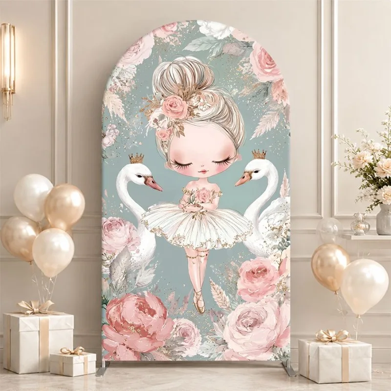 Single Side Arch Backdrop Cover Elegant Swan Princess Floral Arch Background for Wedding or Birthday Party Decor with Golden
