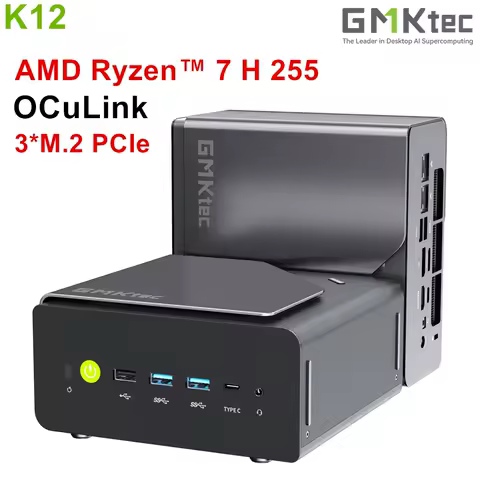 GMKtec NucBox K12 Gaming Mini PC AMD Ryzen 7 H 255 OCuLink USB4 2*DDR5 3*PCIe 2*2.5G LAN RGB Desktop Computer Windows 11 WiFi6E