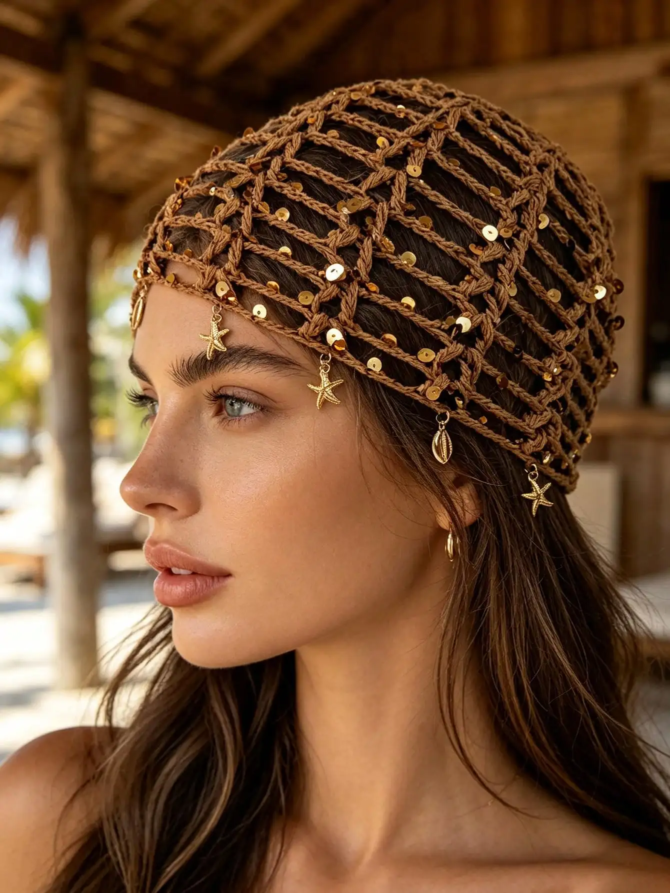 1pc Bohemian Hollow Sequin Knit Beanie With Star Pendant, Multi-Color Vacation/Street Style Fashion Headwear