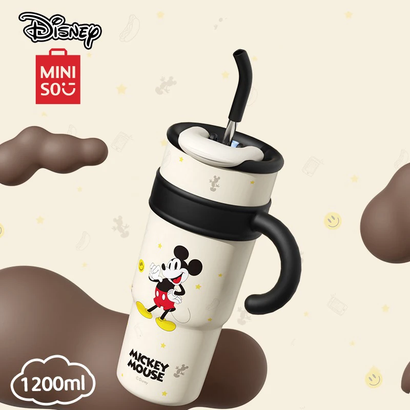 Miniso disney 1200ml garrafa mickey mouse de alta capacidade térmica aço inoxidável dos desenhos animados lotso garrafa água bonito mão segurando copo