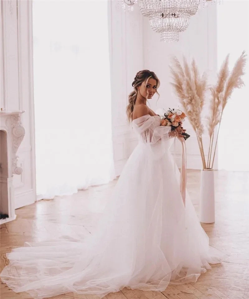 Robes de mariée à manches mi-bouffantes Boho, appliques en tulle fuffy dos nu, boule trapèze, quelle que soit la mariée formelle de la femme, robe de soirée sur la plage, robe éducative