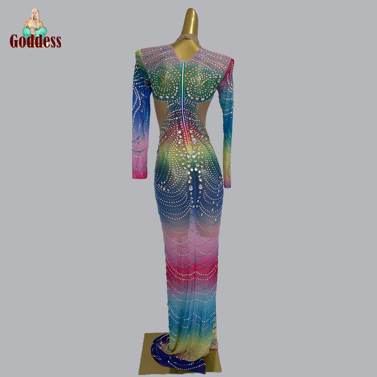 Rainbow Fancy Costume Party Rhinestone Maxi Dress for Young Women Sexy Sheer Mesh Birthday Evening Dress Club Show Stage Wear