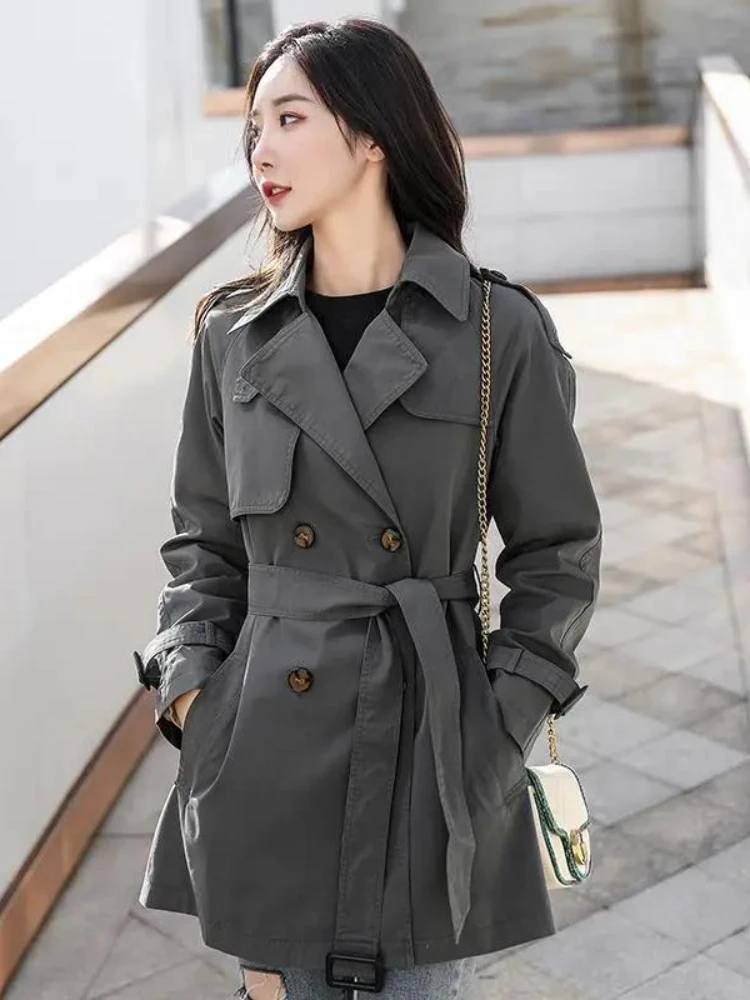 2023 Autumn New Korean Style Double Breasted Lapel Neck Jacket Women Mid length Windbreak Coat Female Solid Long Sleeve Top