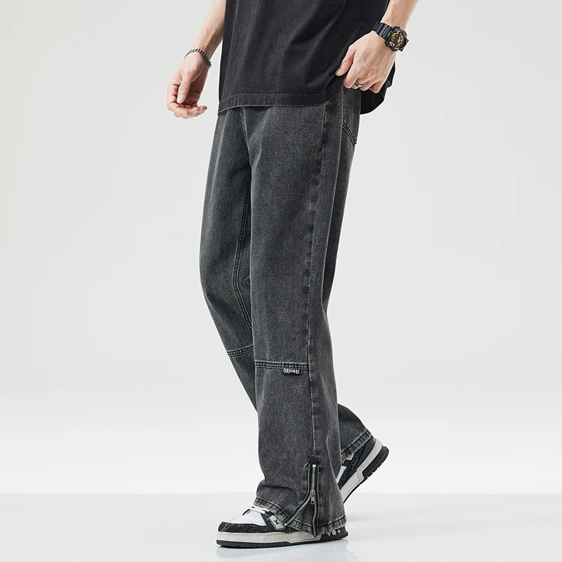 

Vintage Zipper Jeans Men's Y2k Pants High Street Fashion Korean Casual Straight Wide Baggy Denim Trousers Male Clothes Blue Gray