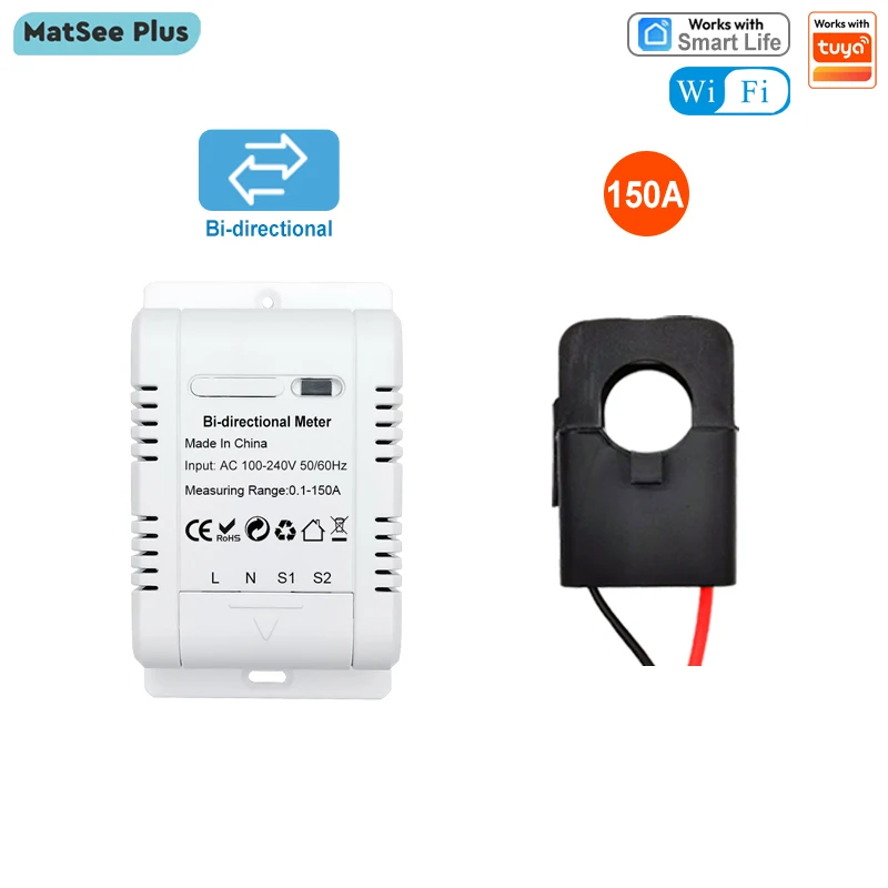 Smart Bi Directional WiFi Energy Meter 150A Clamp Current Sensor Transformer Solar PV Two Way Power Monitor 110V 240VAC