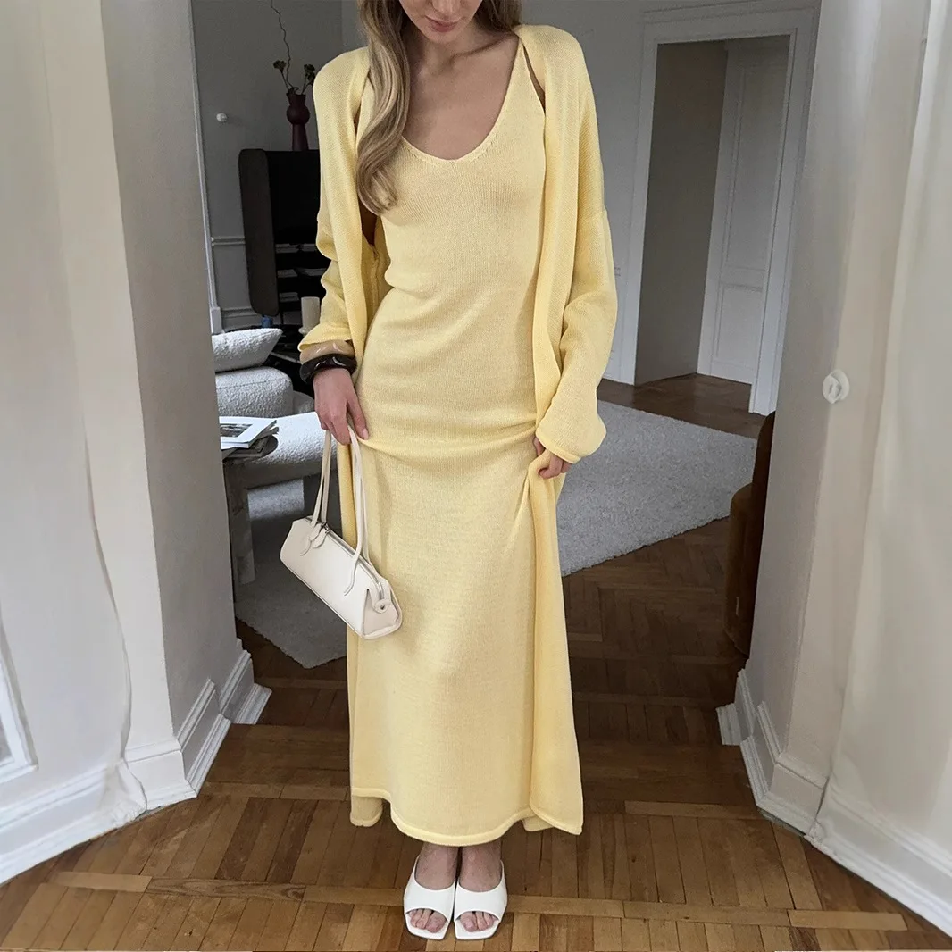 

2025 New Style Knitted Open Back Chiffon Dress, Long-Sleeved Blouse Set, Soft Knitted Hoodie, European Style Knitted Cardigan