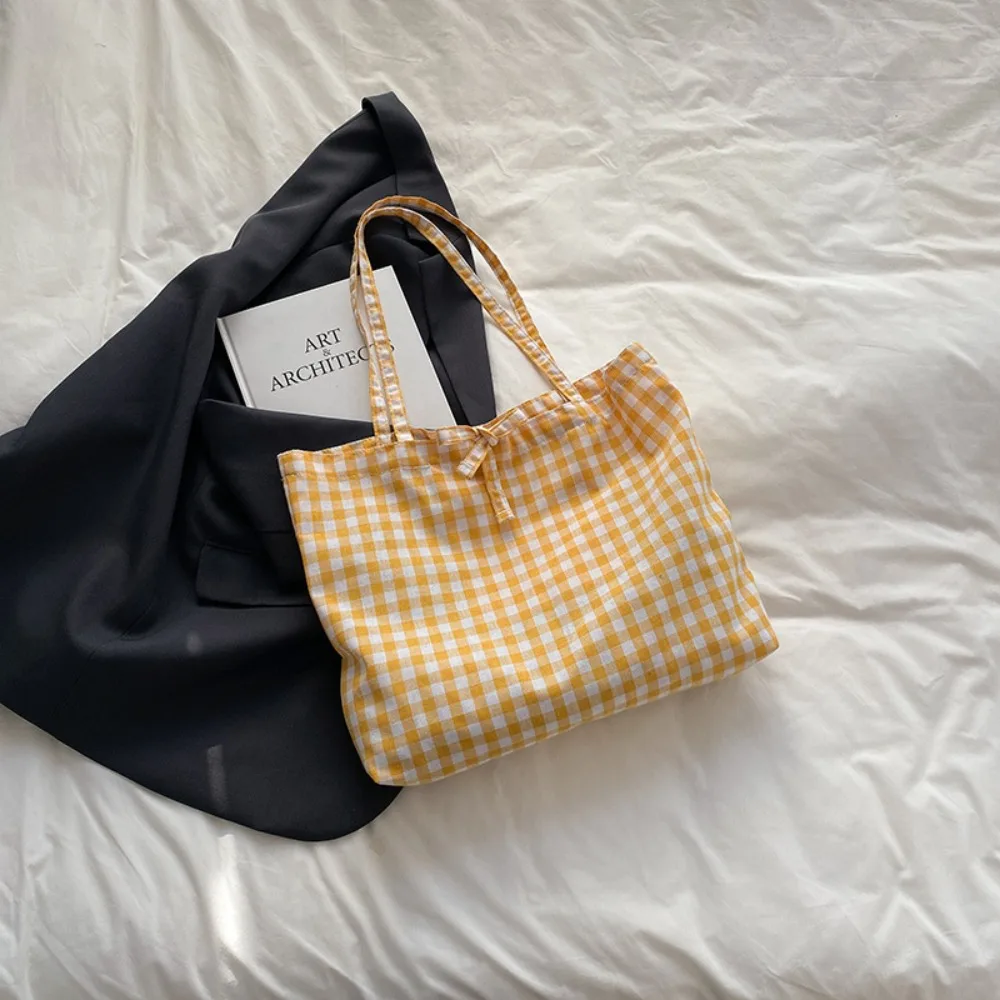 

Simple Bow Tie Design Plaid Shoulder Bag Lightweight Korean Plaid Tote Bags Casual Large Capacity Shopping Bag Ladies