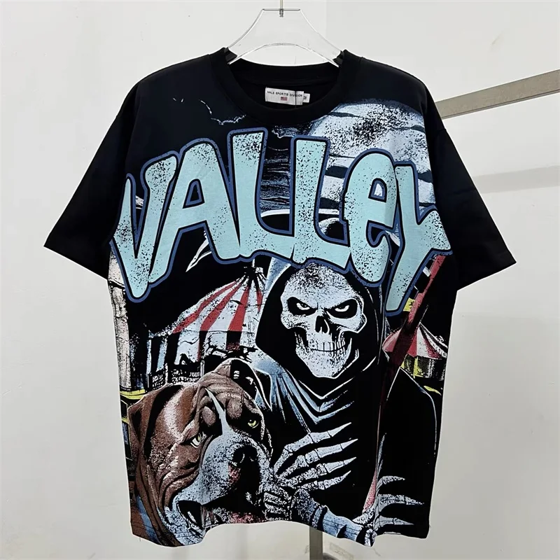 تي شيرت مطبوع عليه جمجمة VALLEY Black Hop Hop للرجال والنساء 1:1 أفضل جودة كبيرة الحجم من القطن الخالص بأكمام قصيرة