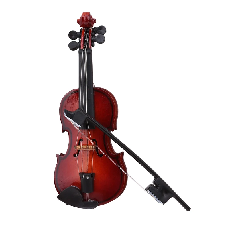 Mini Violin Dollhouse Miniature Musical Instrument Wooden Model Decor With Bow, Stand Support And Case