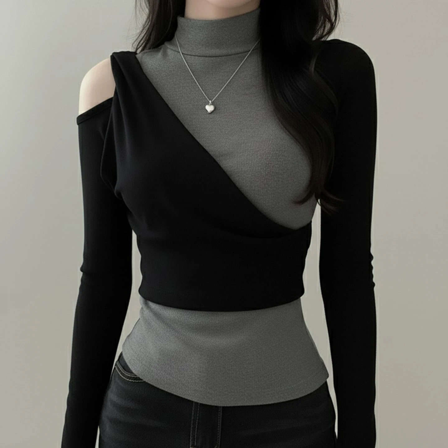 

Casual Patchwork Contrast Color Turtleneck T-Shirt Slim-Fitting Asymmetric Off-Shoulder Long Sleeve Layered-Look Tees Women Tops