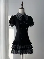 Japanese Gothic Lolita Y2k Plaid Puff Short Sleeve Dress Women Black Fake 2 Piece Cake Mini Dress Harajuku Summer Y2k Outfit 2